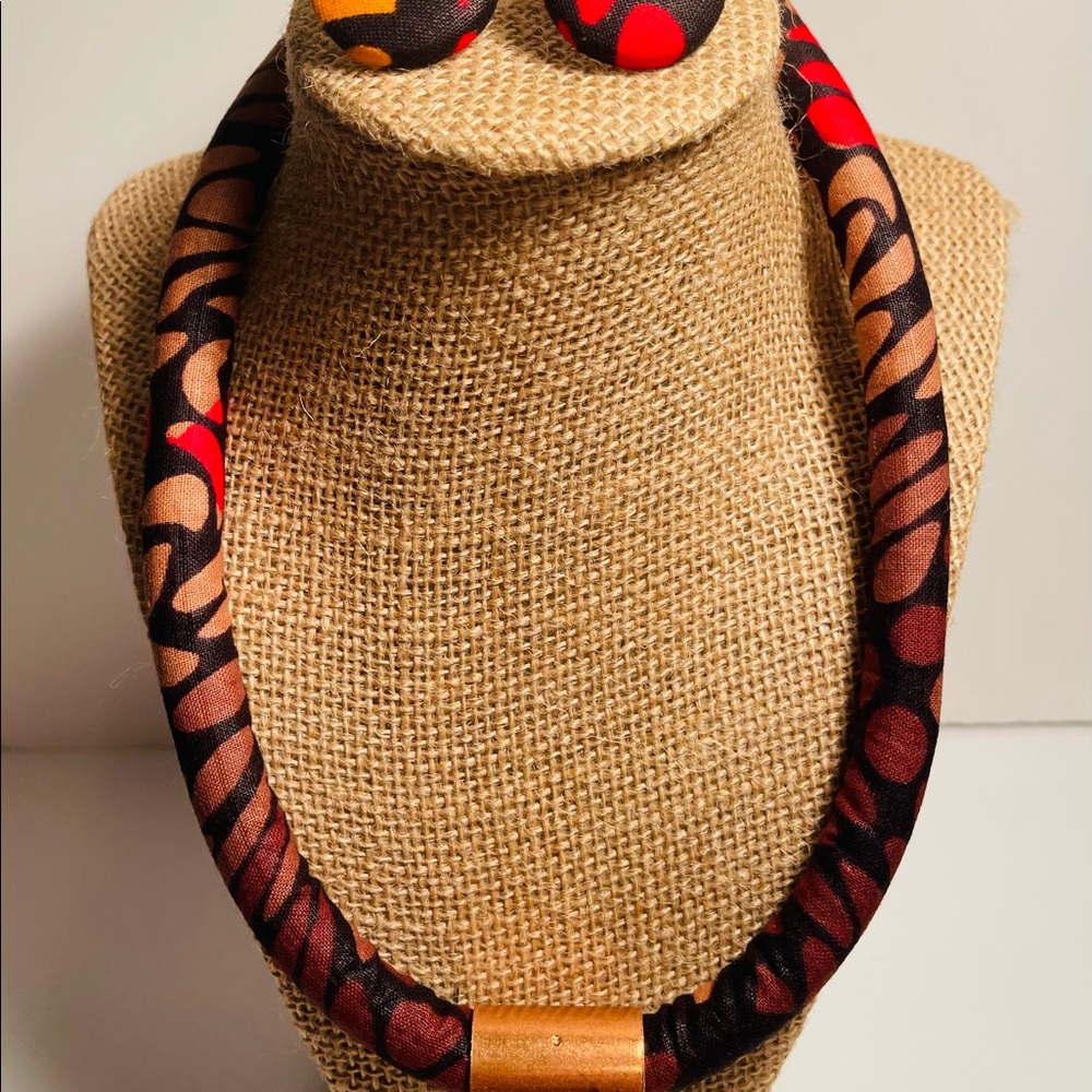 Ankara Fabric and brass necklace set.